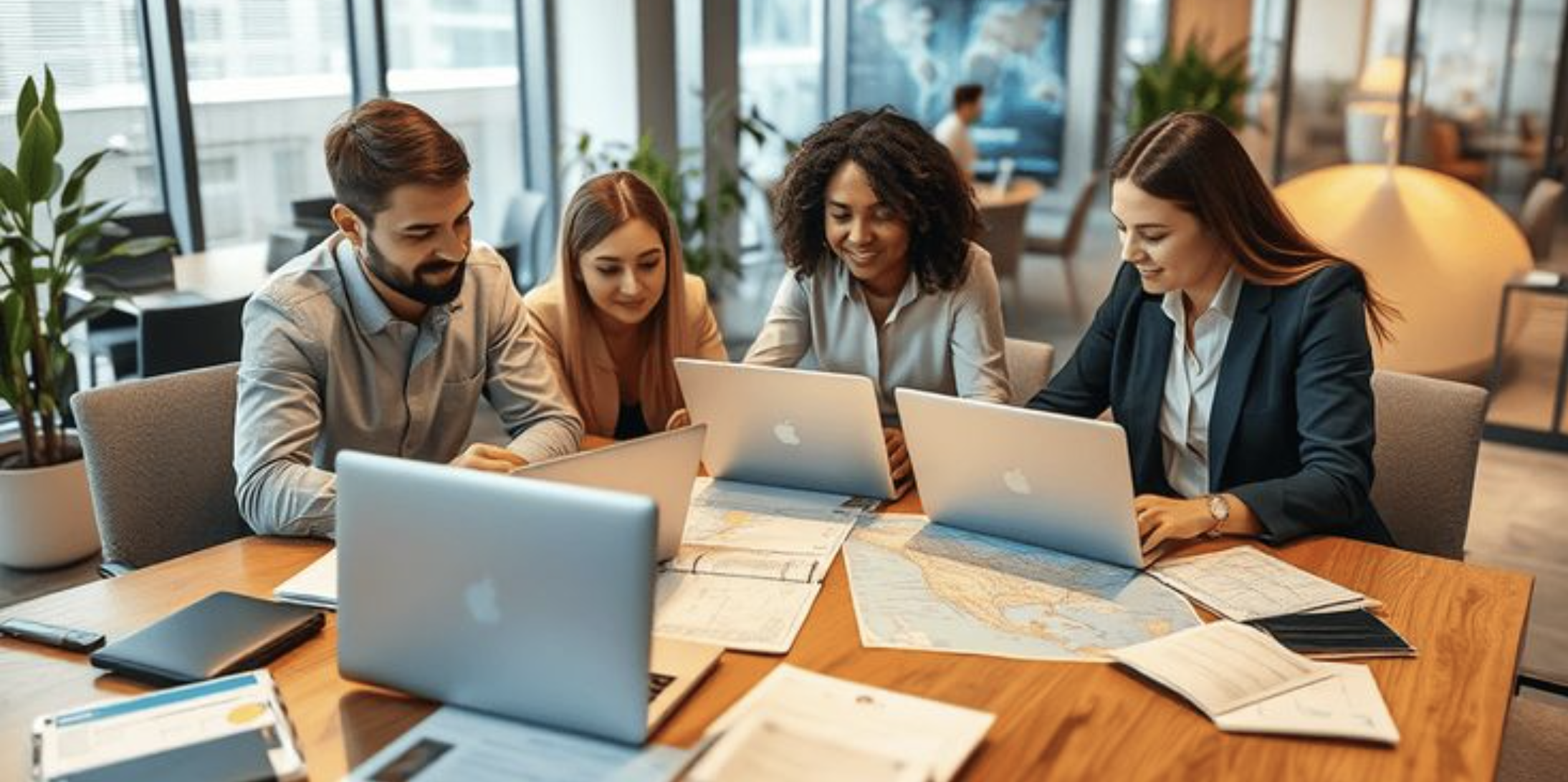 Team of business travelers working together on laptops with documents and maps spread across a conference table
