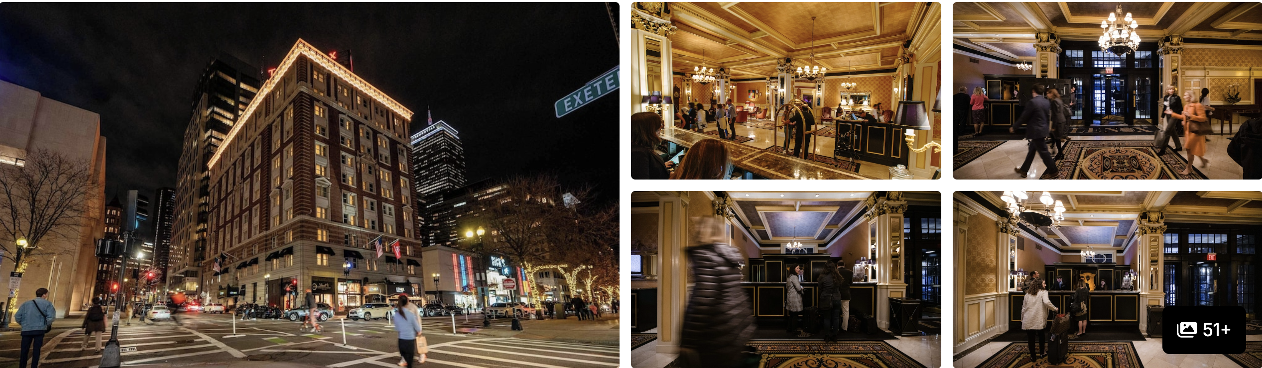 Photos of a Back Bay hotel in Boston at night: illuminated facade, lobby, lounge and guest rooms