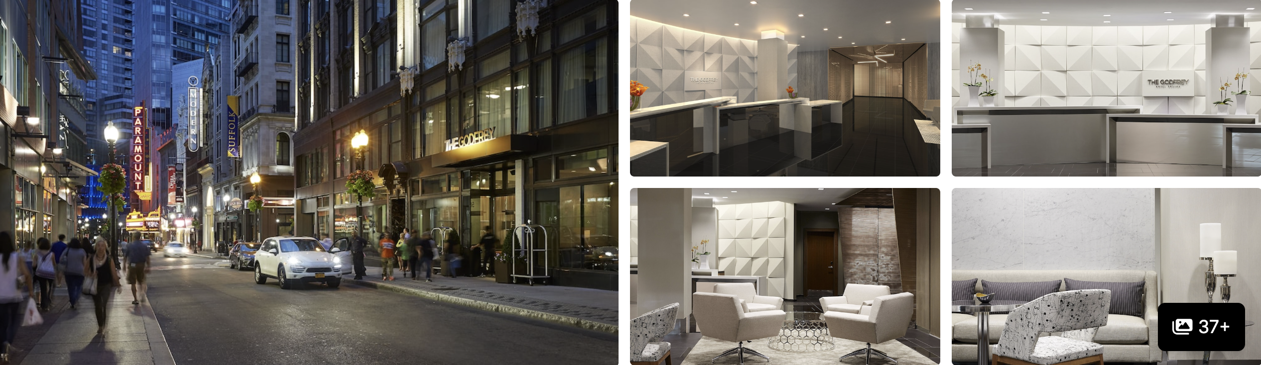 Photos of a Downtown Crossing hotel in Boston: street-level exterior at dusk, marble lobby and guest rooms