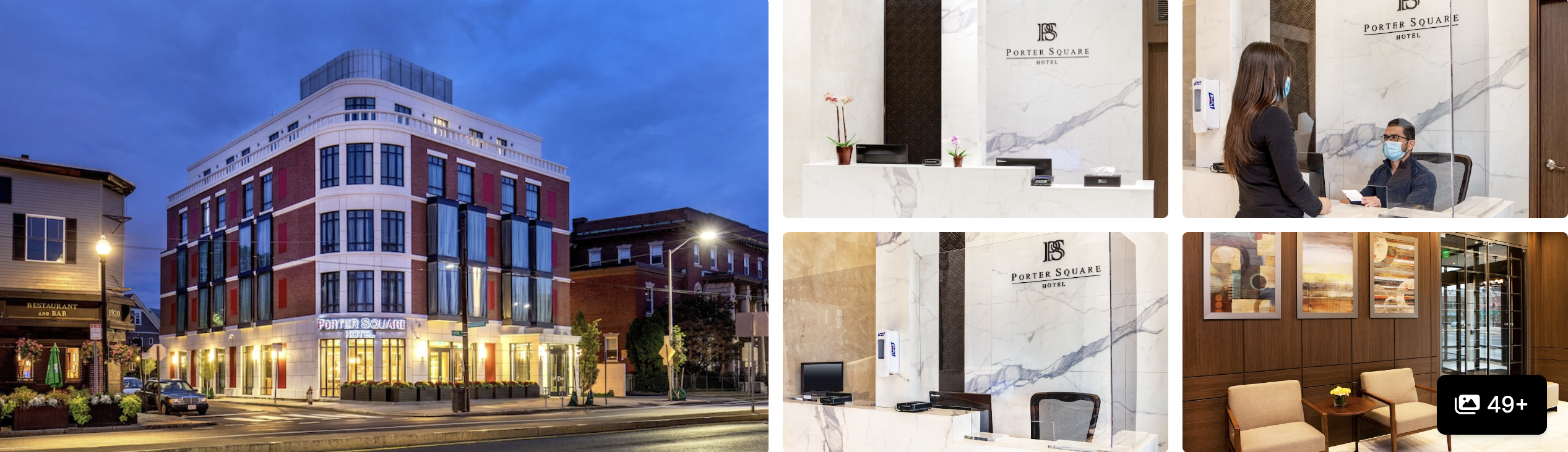 Photos of a Cambridge hotel near Boston: brick exterior at dusk, lobby with desk displays and guest rooms