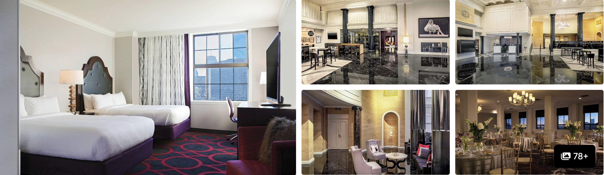 Photos of a North End hotel in Boston: guest room with city-view windows, lobby and dining areas