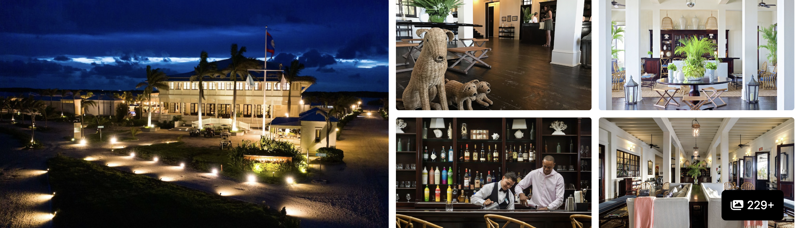 Photos of Matachica Beach Resort, Belize: floodlit beachfront building at dusk, lobby, bar with staff and dining area