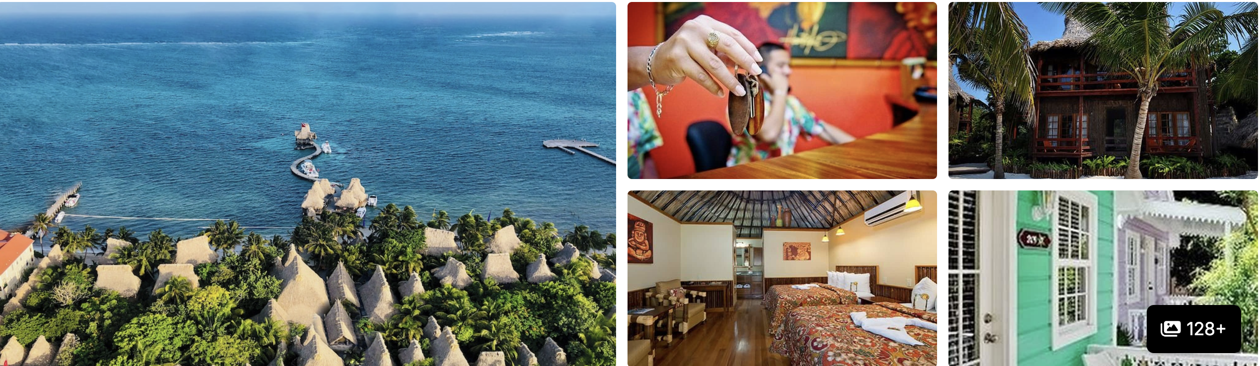 Photos of Mahogany Bay Resort, Belize: aerial sea view, key handover, cottages, guest room and pastel street facade