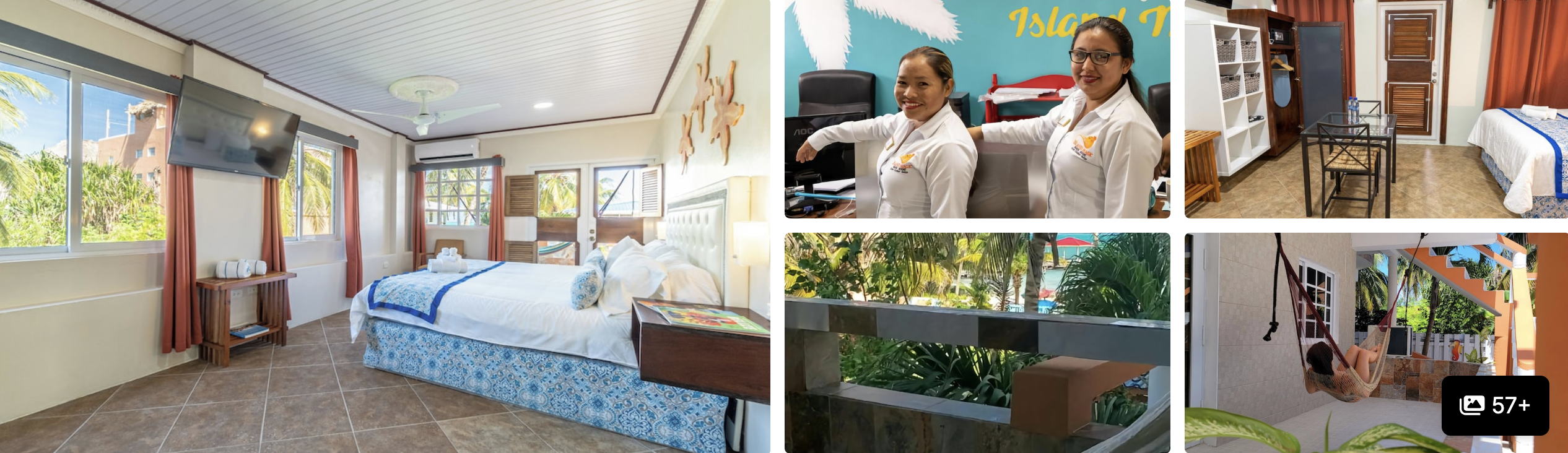 Photos of Weezie's Oceanfront Hotel, Belize: guest room with white bed, staff at reception, room interiors and pool deck