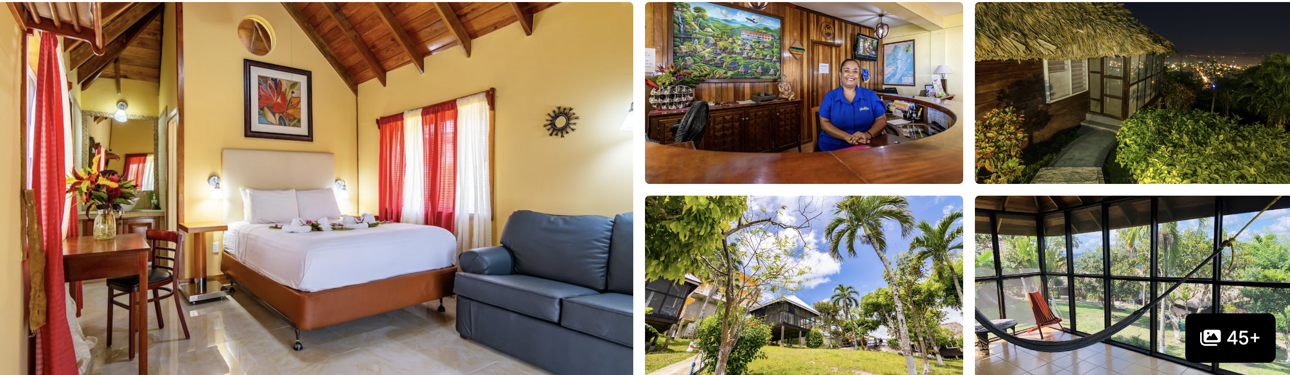 Photos of a Belize jungle hotel: cabin room with vaulted ceiling, host, garden views and a screened hammock lounge