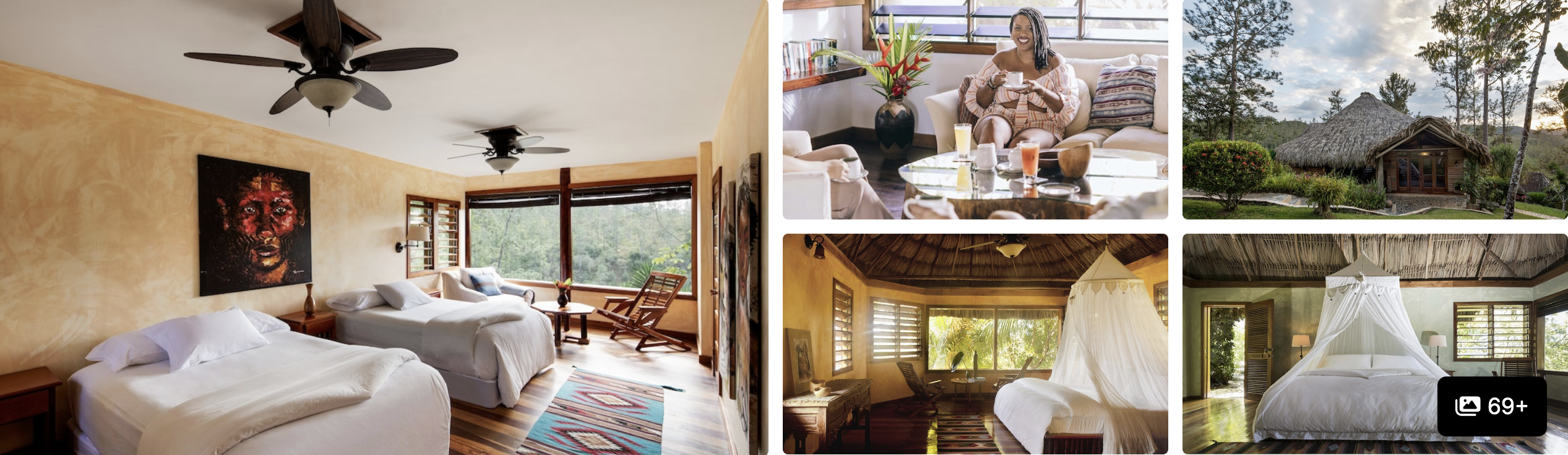 Photos of a Mountain Pine Ridge, Belize lodge: twin-bed room, lounge seating, cabana exterior and canopy-bed suites