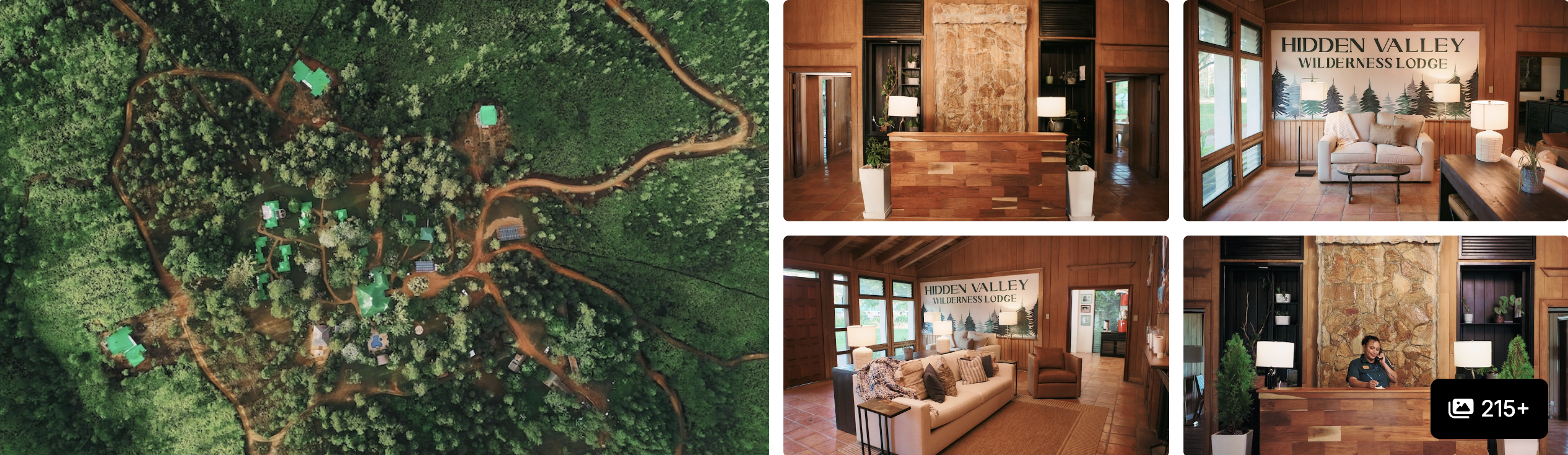 Photos of Gaia Riverlodge, Belize: aerial of cabins in dense jungle, wood-paneled lobby and lounges with reception desk