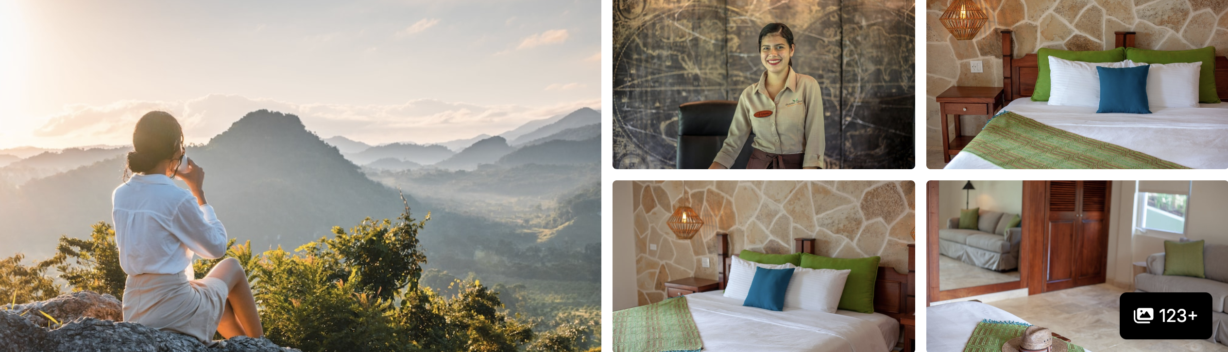 Photos of a Hummingbird Highway, Belize lodge: woman overlooking misty mountains, host and stone-walled rooms with green linens