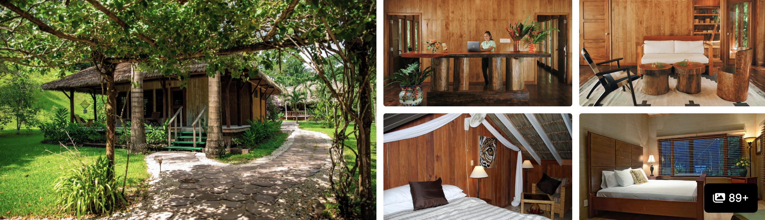 Photos of a secluded Belize jungle lodge: timber cabins on a garden path, dining nook, sitting area and canopy beds