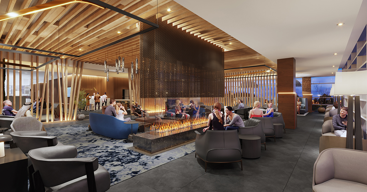 Delta Sky Club lounge interior with a long linear fireplace, wood-slat ceiling and travelers seated in lounge chairs
