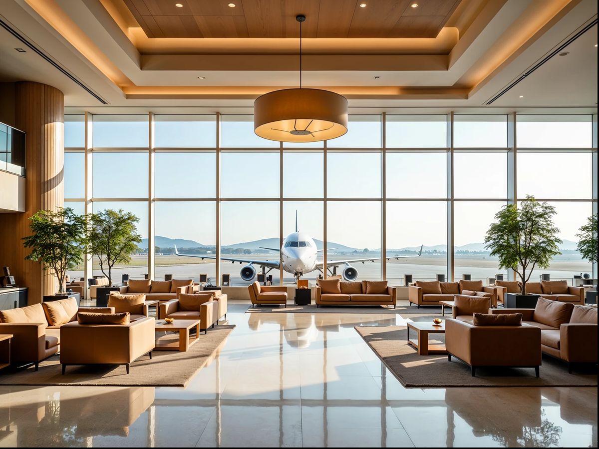 Sustainable airport lounge with floor-to-ceiling windows, leather sofas and a parked aircraft visible on the tarmac outside
