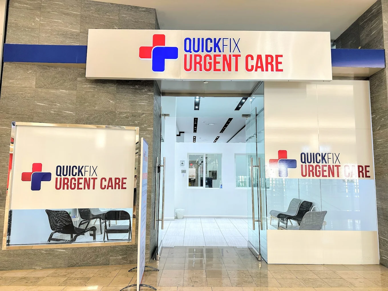 CVS MinuteClinic interior near Park MGM with blue Health wall, check-in kiosks and reception desk