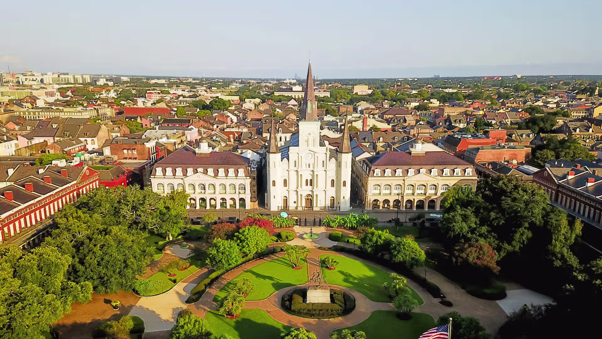 Aerial view of Jackson Square and St. Louis Cathedral in New Orleans on a sunny day