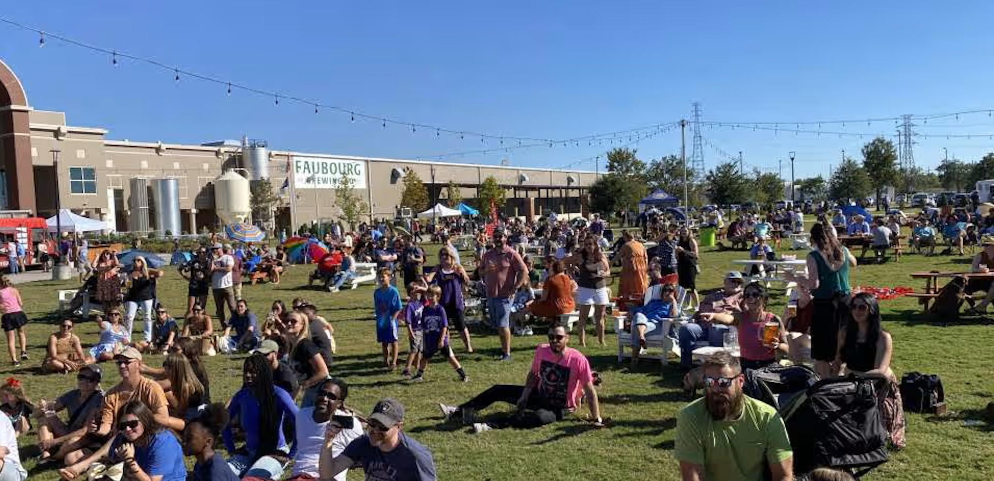 Crowd relaxing on the grass at an outdoor fall festival in New Orleans under string lights