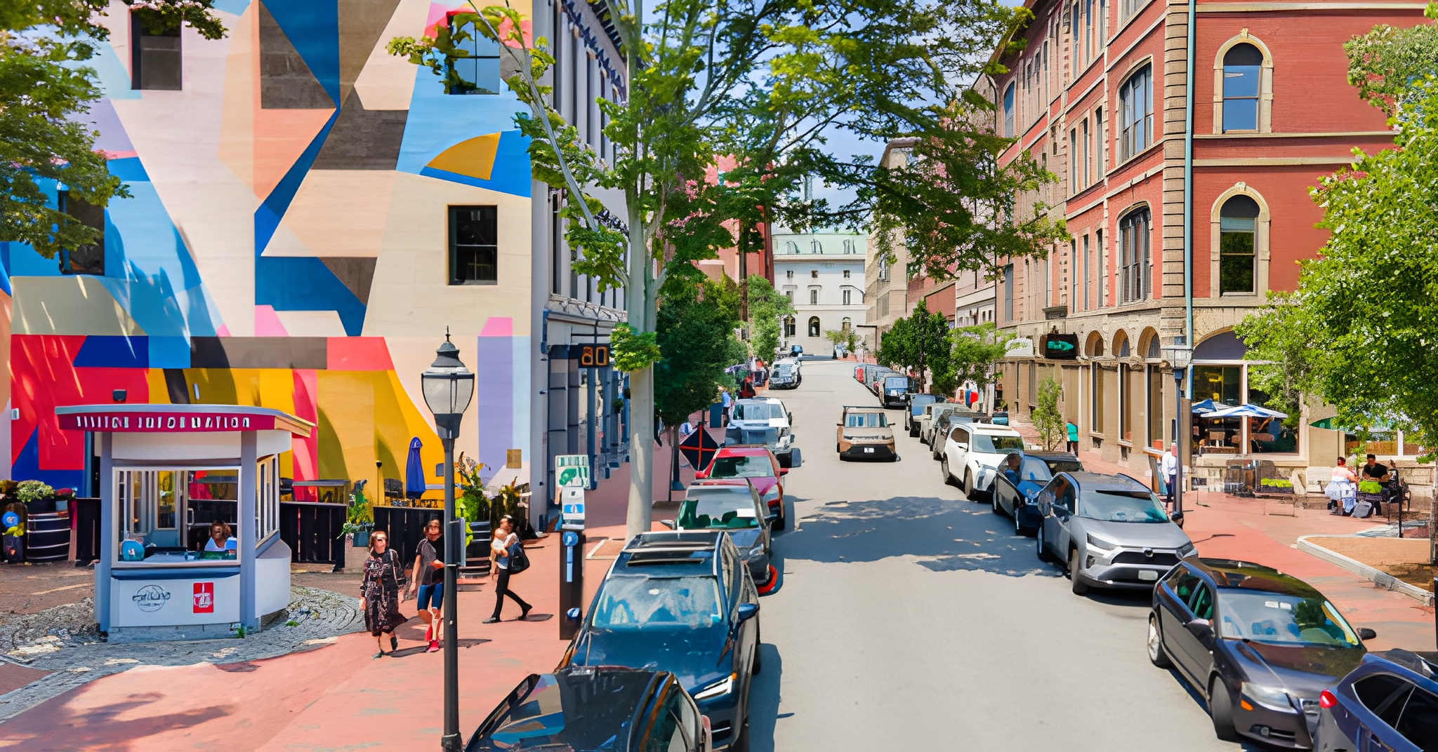 Pedestrians on a sloping street lined with a colorful mural, brick buildings and parked cars in downtown Portland