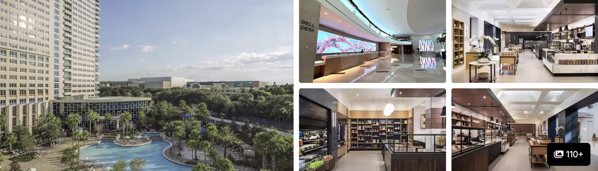 Photos of Hyatt Regency Orlando: high-rise tower, curved lobby, marketplace and dining areas