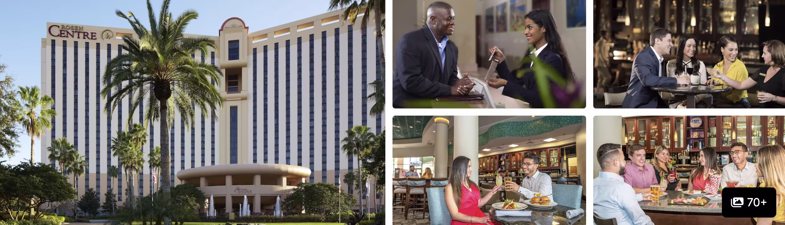 Photos of Rosen Centre Hotel, Orlando: palm-lined tower exterior, lounge and busy dining areas