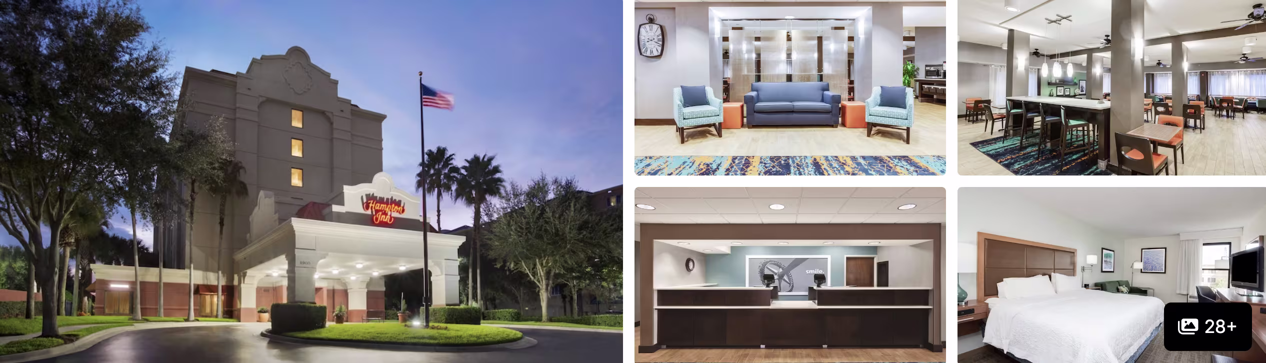 Photos of Hampton Inn Orlando International Drive/Convention Center: entrance, lobby, reception and guest room