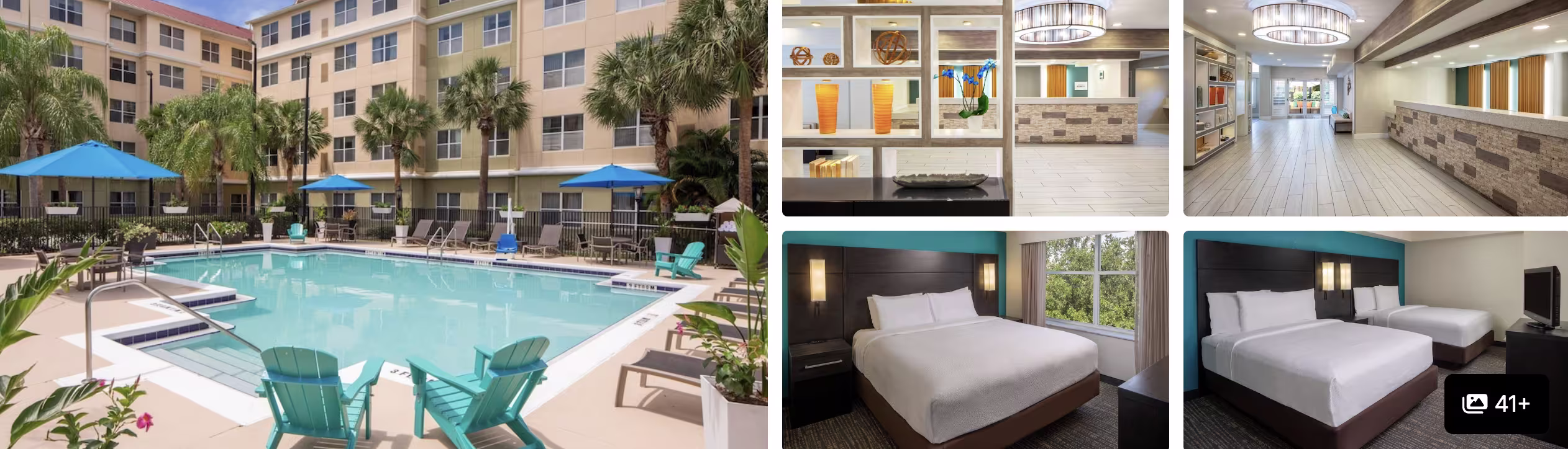 Photos of a Hilton Orlando Convention Center hotel: poolside courtyard, atrium and guest rooms