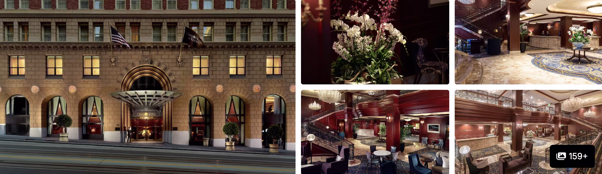 Photos of Omni San Francisco hotel: historic stone facade, grand lobby, wood-paneled lounge and bar