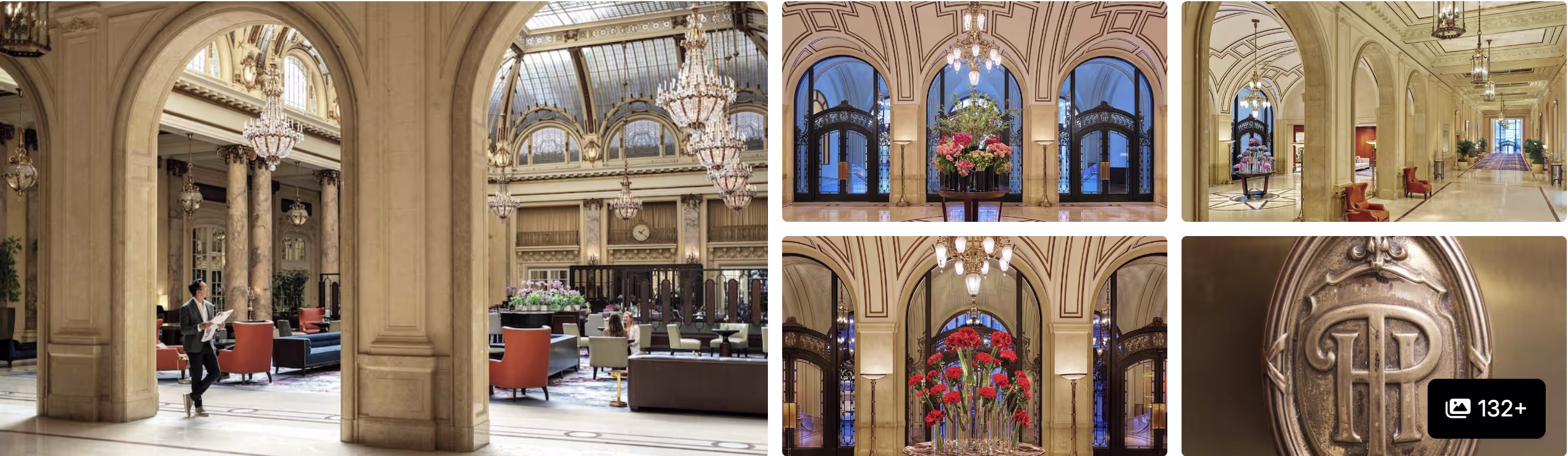Photos of Palace Hotel, San Francisco: grand arched Garden Court atrium, floral displays and ornate hallways