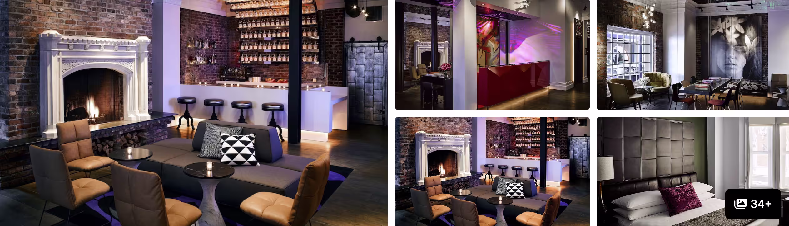 Photos of Hotel Zeppelin, San Francisco: brick lounge with stone fireplace, moody bar and upholstered guest room