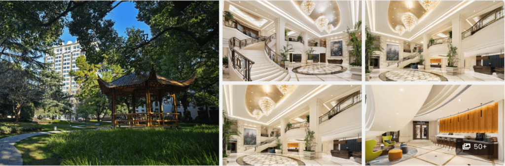 Hotel lobby with grand staircase and lounge area; garden view with a gazebo and walking path outside.