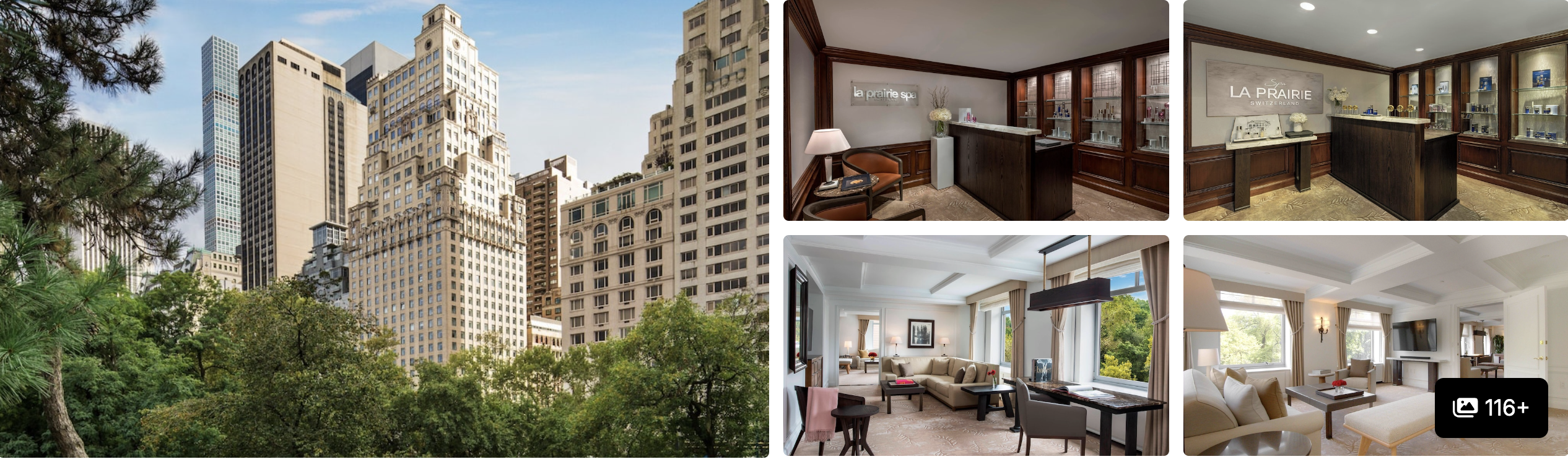 Photos of The Ritz-Carlton, New York Central Park: park-side tower exterior, reception desks and elegant suite living rooms