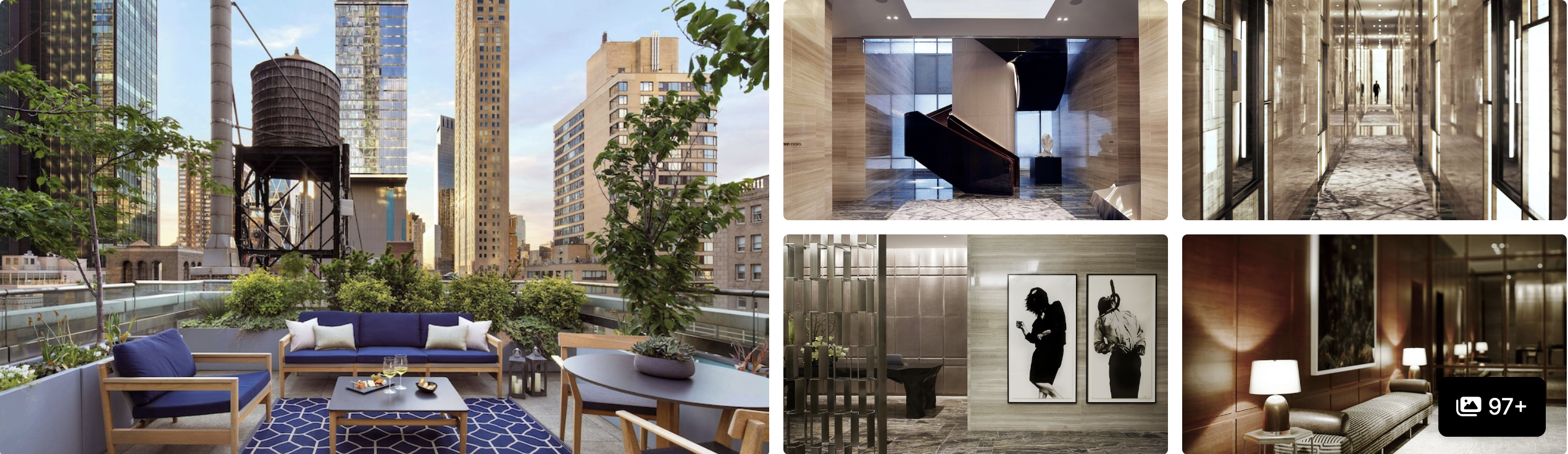 Photos of Park Hyatt New York: rooftop terrace with city water-tower view, staircase, corridor and lamp-lit guest room