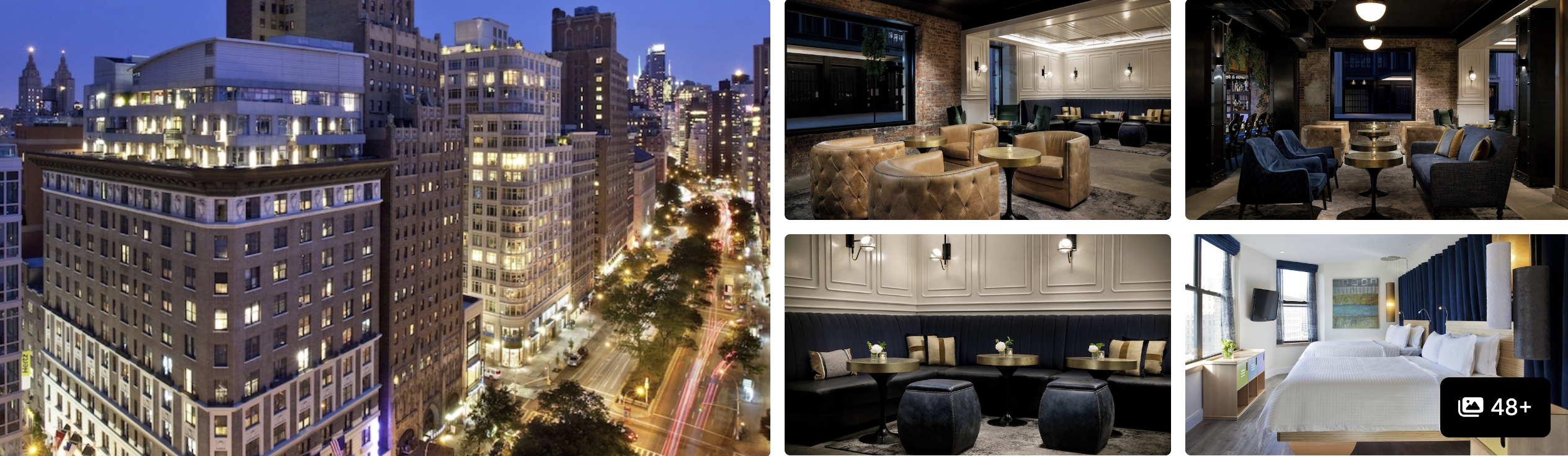 Photos of Arthouse Hotel New York City: nighttime city view, lounge bar, banquette seating and a modern guest room