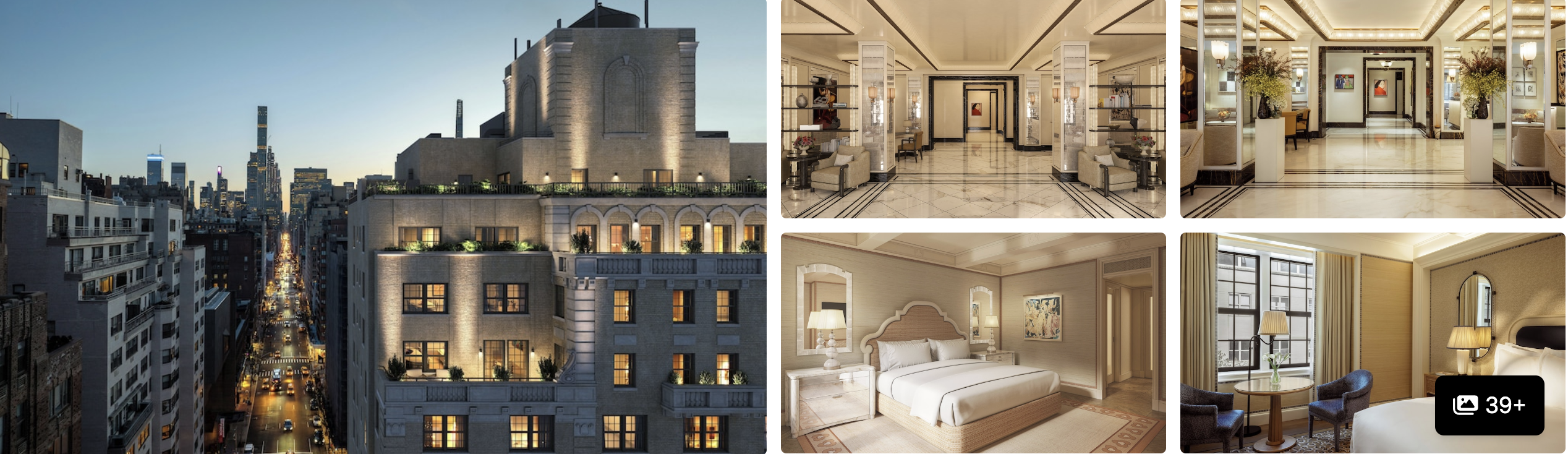 Photos of The Surrey, A Corinthia Hotel, New York: stone facade at dusk, marble lobby and refined guest rooms