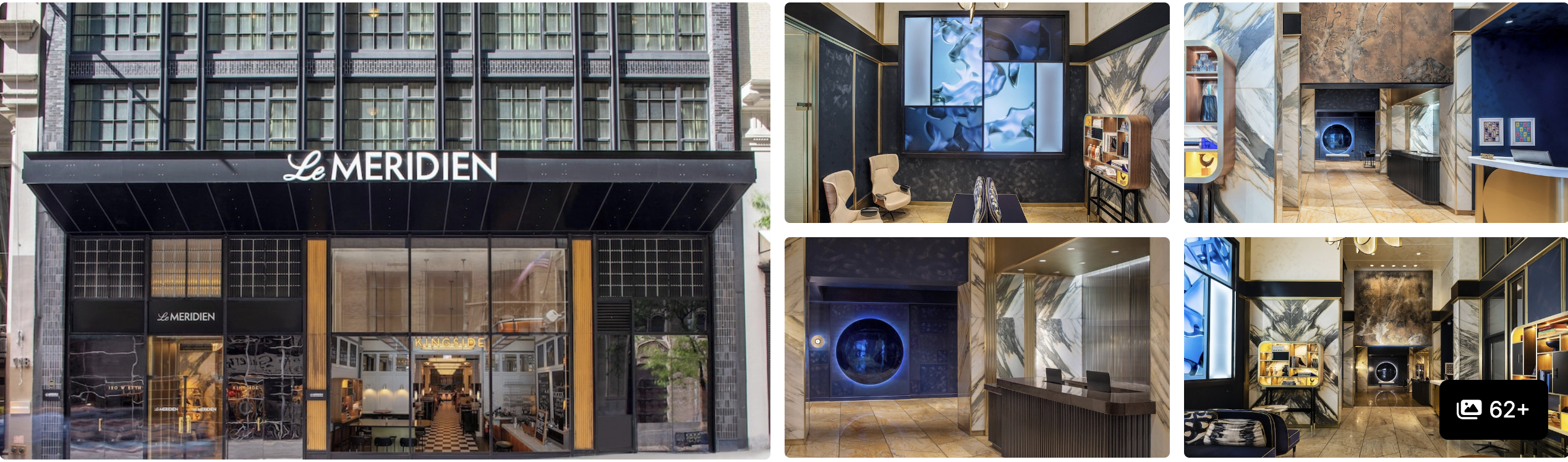 Photos of Le Meridien New York, Central Park: dark glass facade with marquee, art-filled lobby and reception