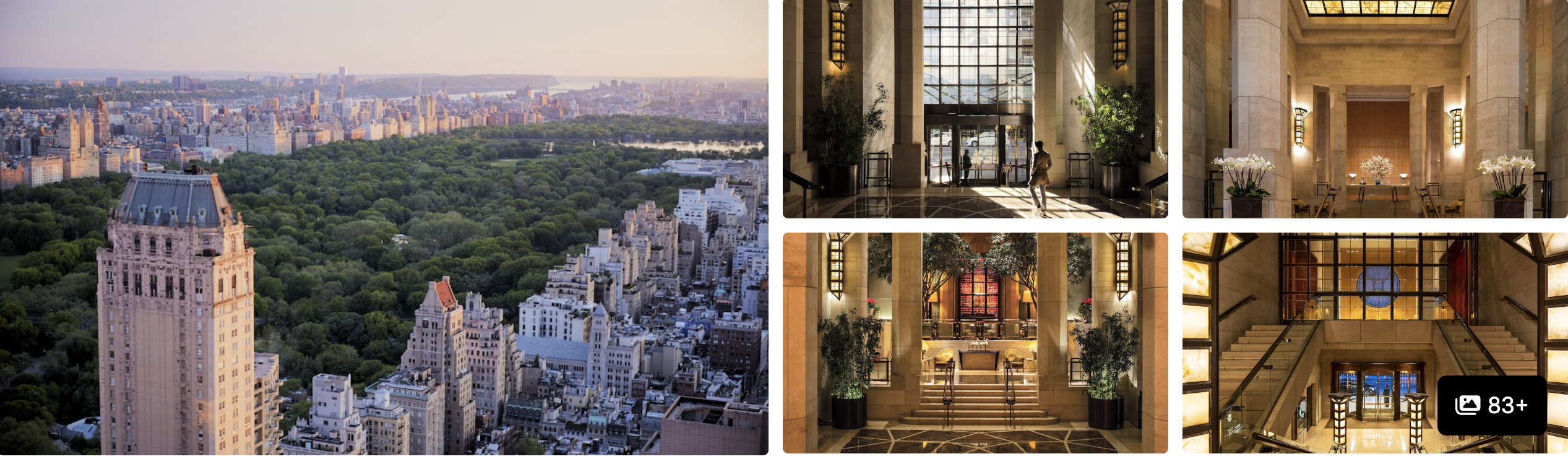 Photos of Four Seasons Hotel New York: aerial Central Park view, grand limestone lobby and atrium spaces