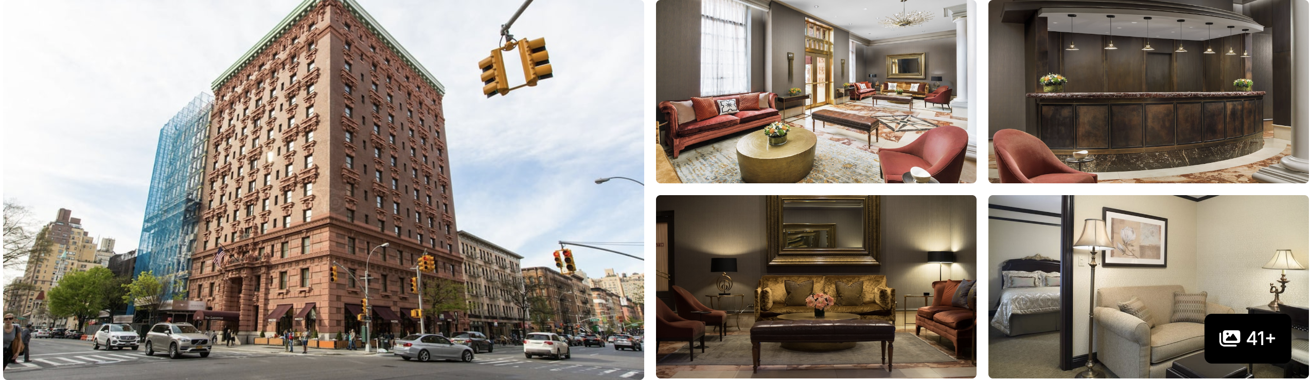 Photos of The Lucerne Hotel, New York: ornate brownstone corner exterior, lounge seating, reception and guest rooms
