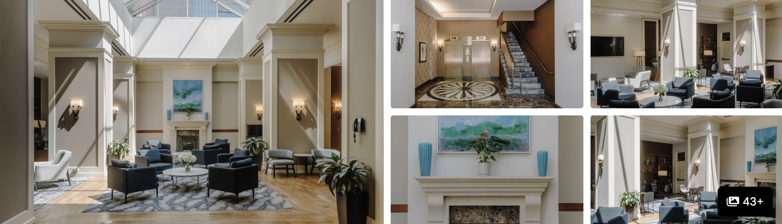 Photos of Club Quarters Hotel Rittenhouse Square, Philadelphia: light-filled atrium lobby, lounge seating, fireplace and staircase
