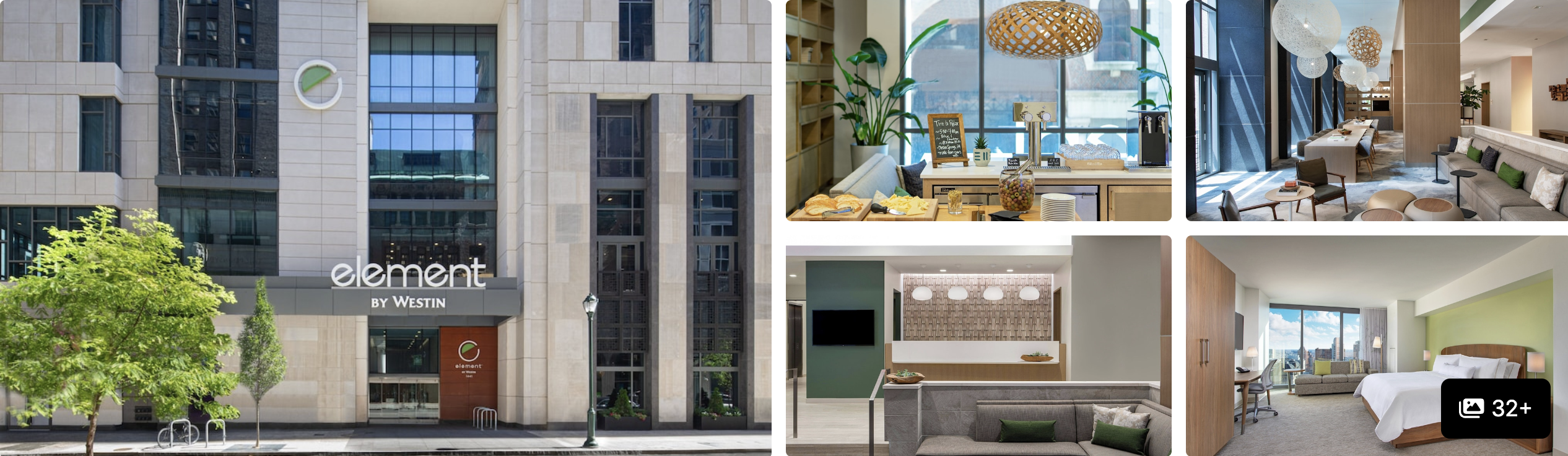 Photos of Element Philadelphia Downtown by Westin: stone exterior with tree, bright suite kitchen, living area and bedroom