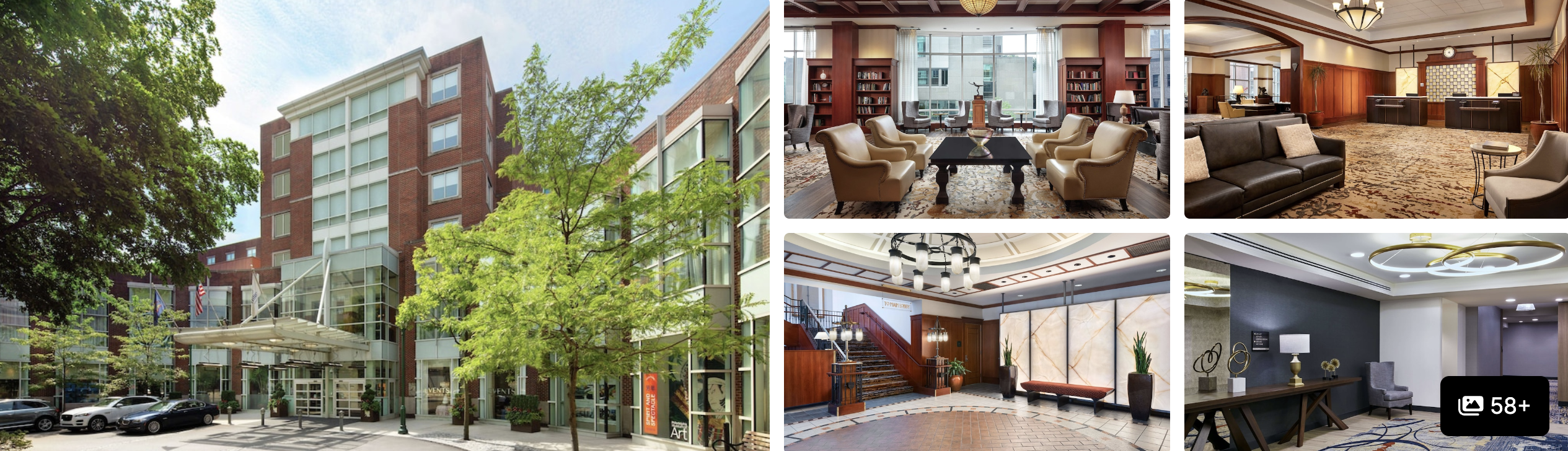 Photos of The Inn at Penn, Philadelphia: brick exterior with trees, wood-paneled lobby lounge, grand staircase and reception