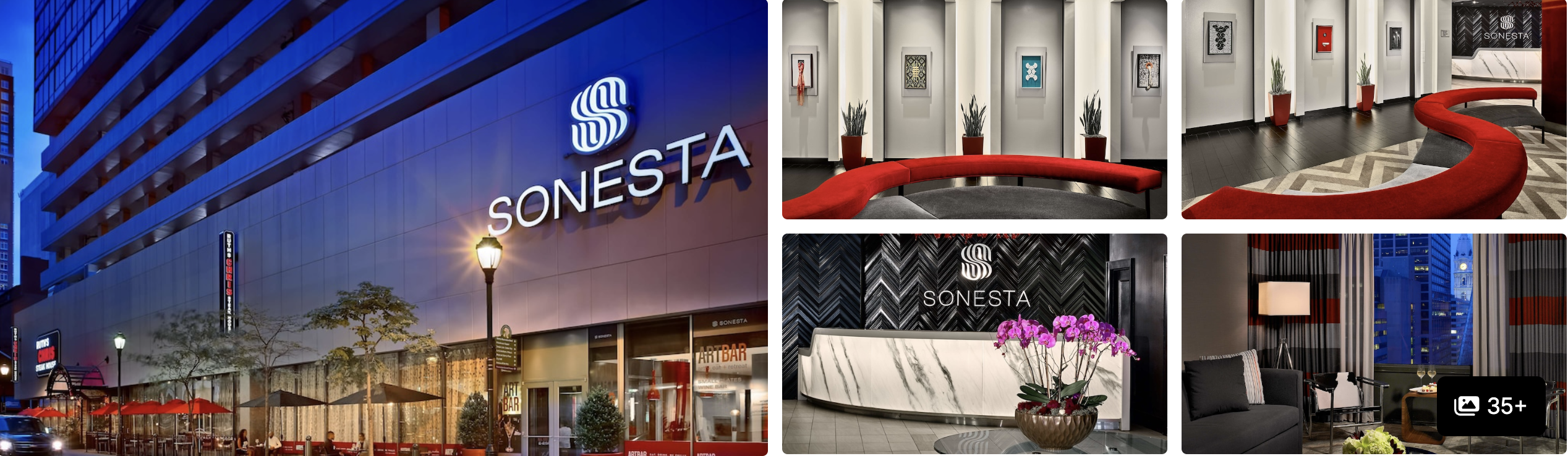 Photos of Sonesta Philadelphia Rittenhouse Square: lit exterior, red-carpeted lobby, branded reception and guest room