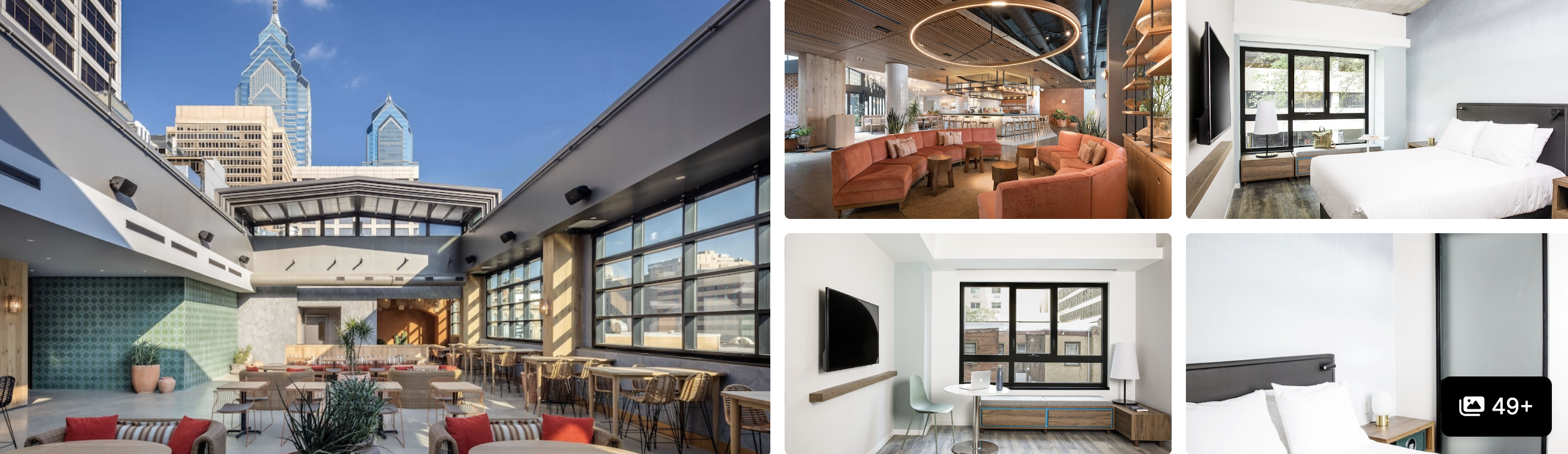 Photos of Motto by Hilton Philadelphia Rittenhouse Square: rooftop terrace with skyline view, lounge, living area and bedrooms
