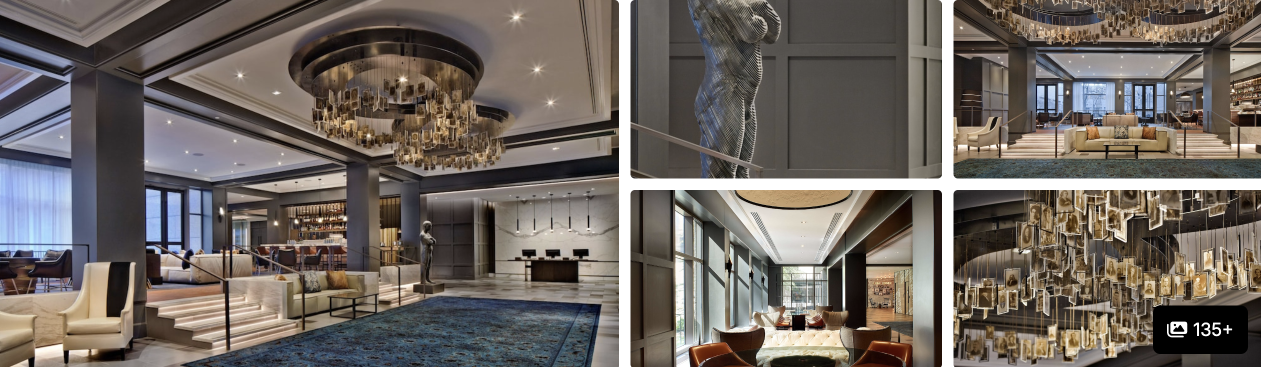 Photos of The Logan Philadelphia: grand chandelier-lit lobby, sculpture, lounge seating and reception area