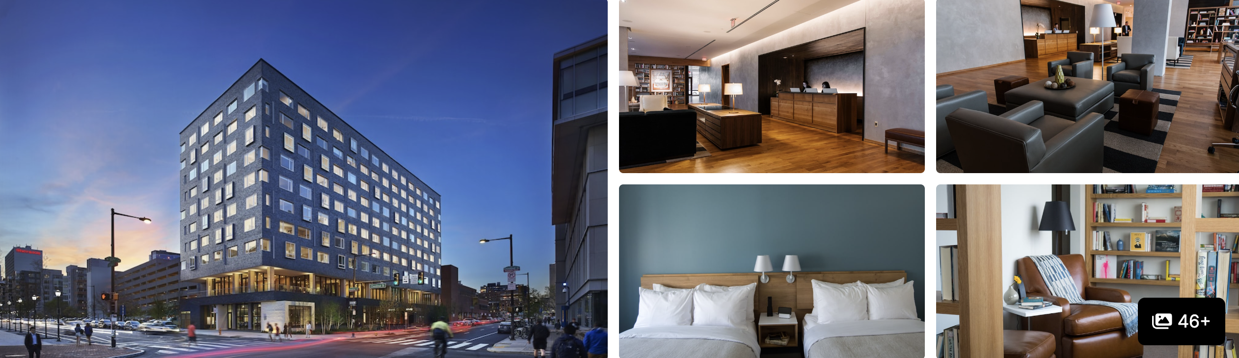 Photos of The Study at University City, Philadelphia: illuminated exterior at dusk, kitchen suite, lounge seating and guest room