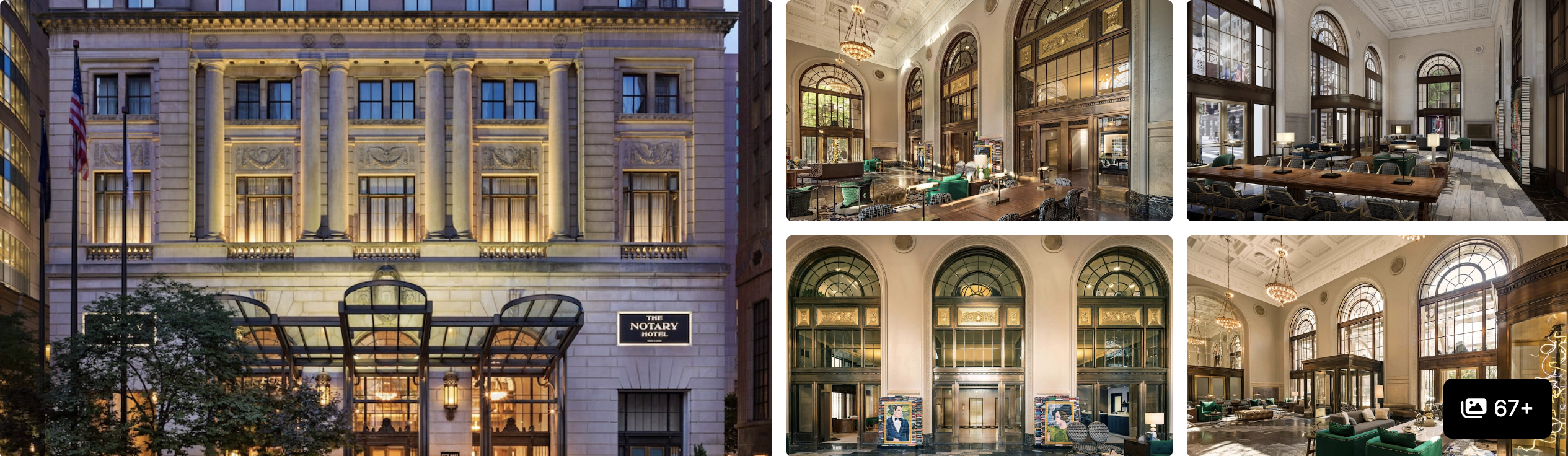 Photos of The Notary Hotel Autograph Collection, Philadelphia: ornate stone facade at night, grand arched-window lobby and lounges