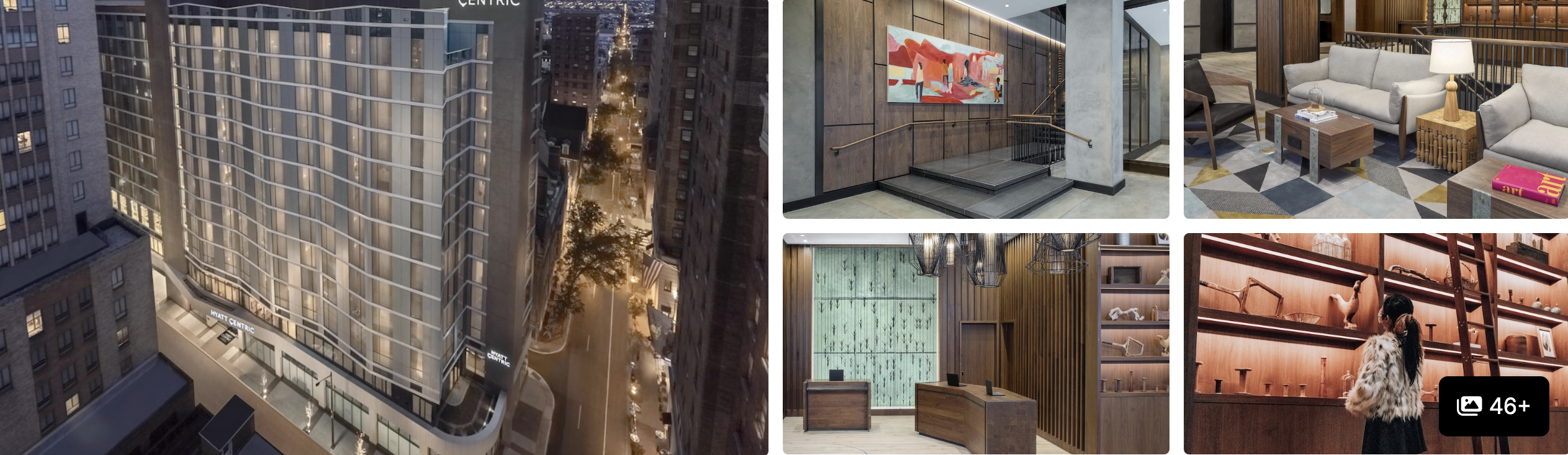 Photos of Hyatt Centric Center City Philadelphia: tower exterior at night, art wall, lounge sofa and wood-paneled reception