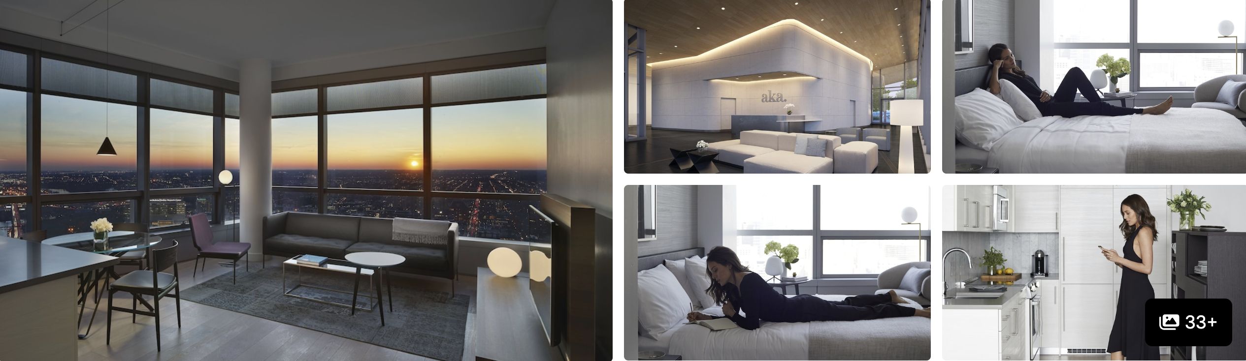 Photos of AKA University City, Philadelphia: high-floor living room at sunset, modern bedrooms and white bathroom