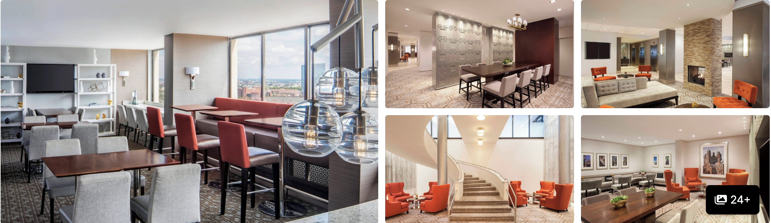 Photos of Sheraton Philadelphia University City: top-floor lounge with city views, dining bar, staircase and meeting rooms