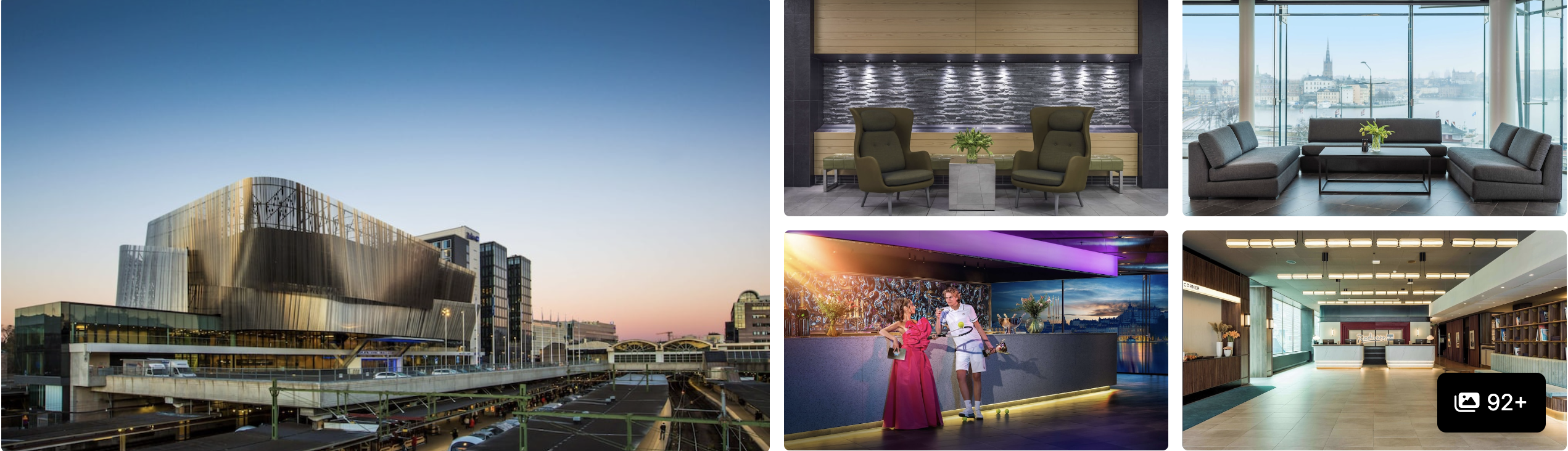 Photos of Radisson Blu Waterfront Hotel Stockholm: angular facade at dusk, lounges with city views and event space