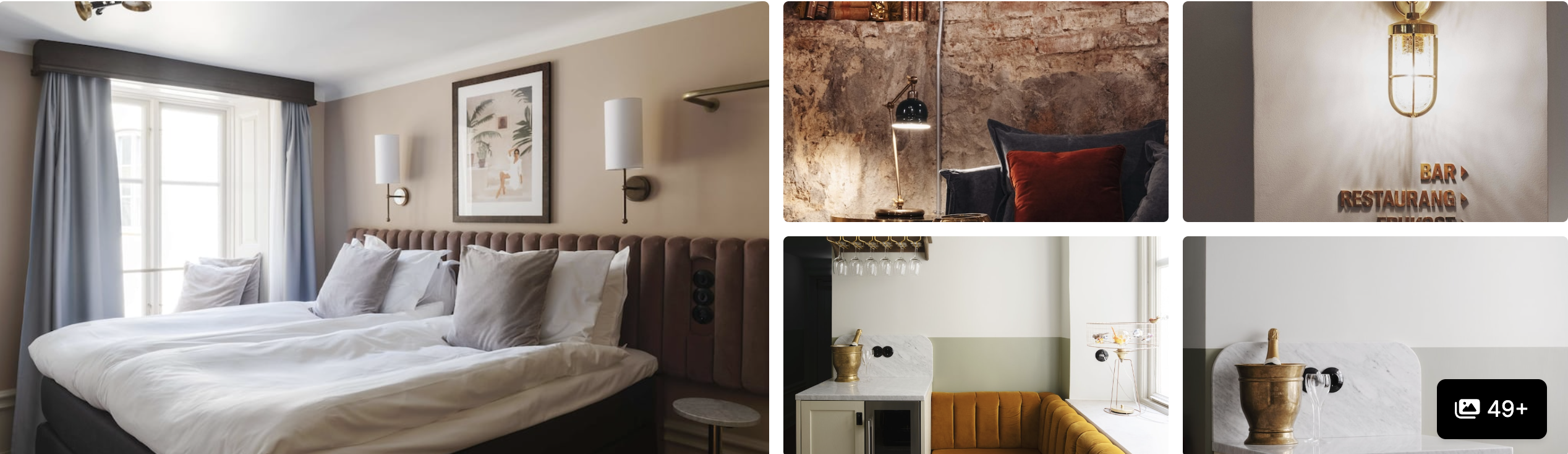 Photos of Hotel Frantz Stockholm: bright guest room with upholstered bed, exposed-brick corner and bar restaurant sign