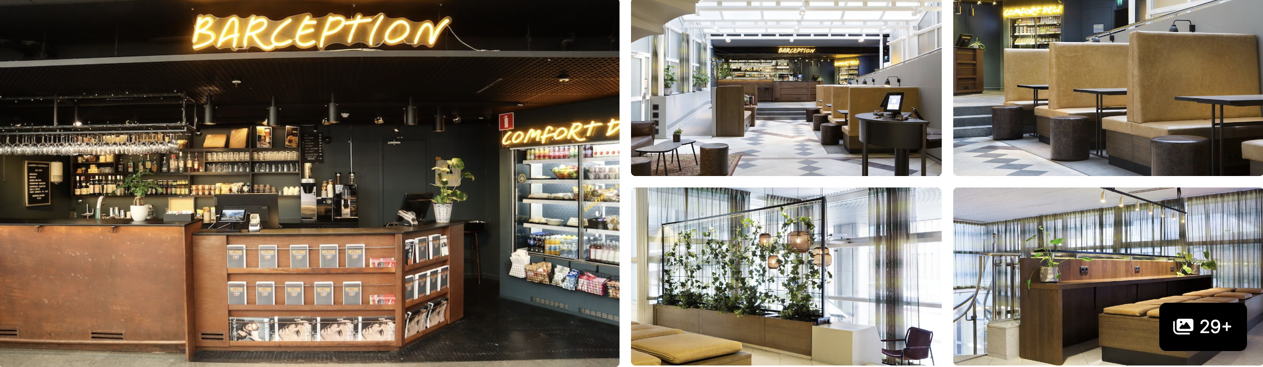 Photos of Comfort Hotel Xpress Stockholm Central: neon Barception bar-reception, cafe seating and plant-lined lounge