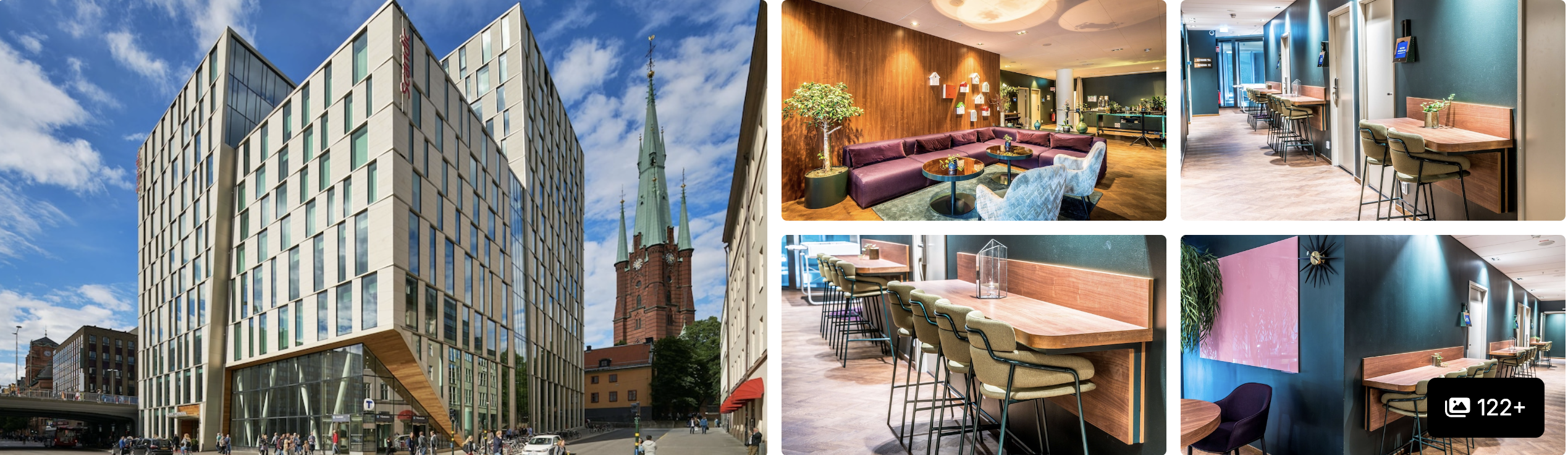 Photos of Scandic Continental Stockholm: modern facade by a church spire, plum lounge and high-top cafe seating