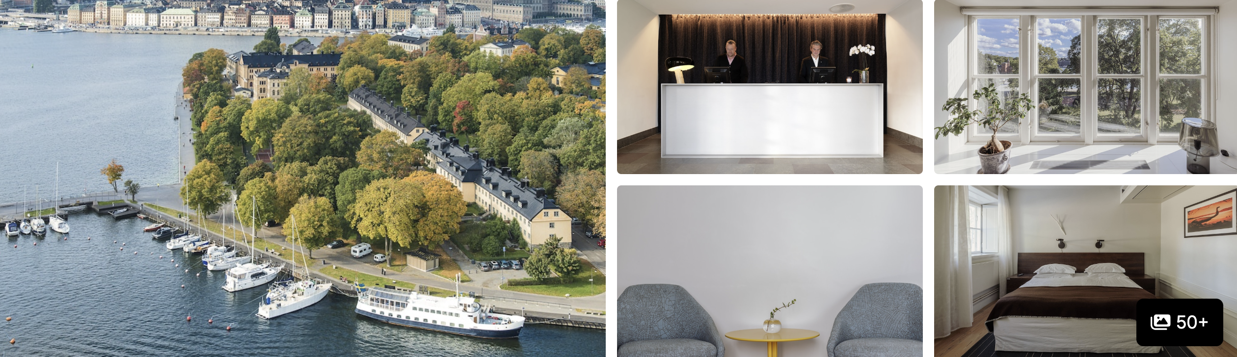 Photos of Hotel Skeppsholmen Stockholm: waterfront row buildings and marina, reception, sitting area and guest room